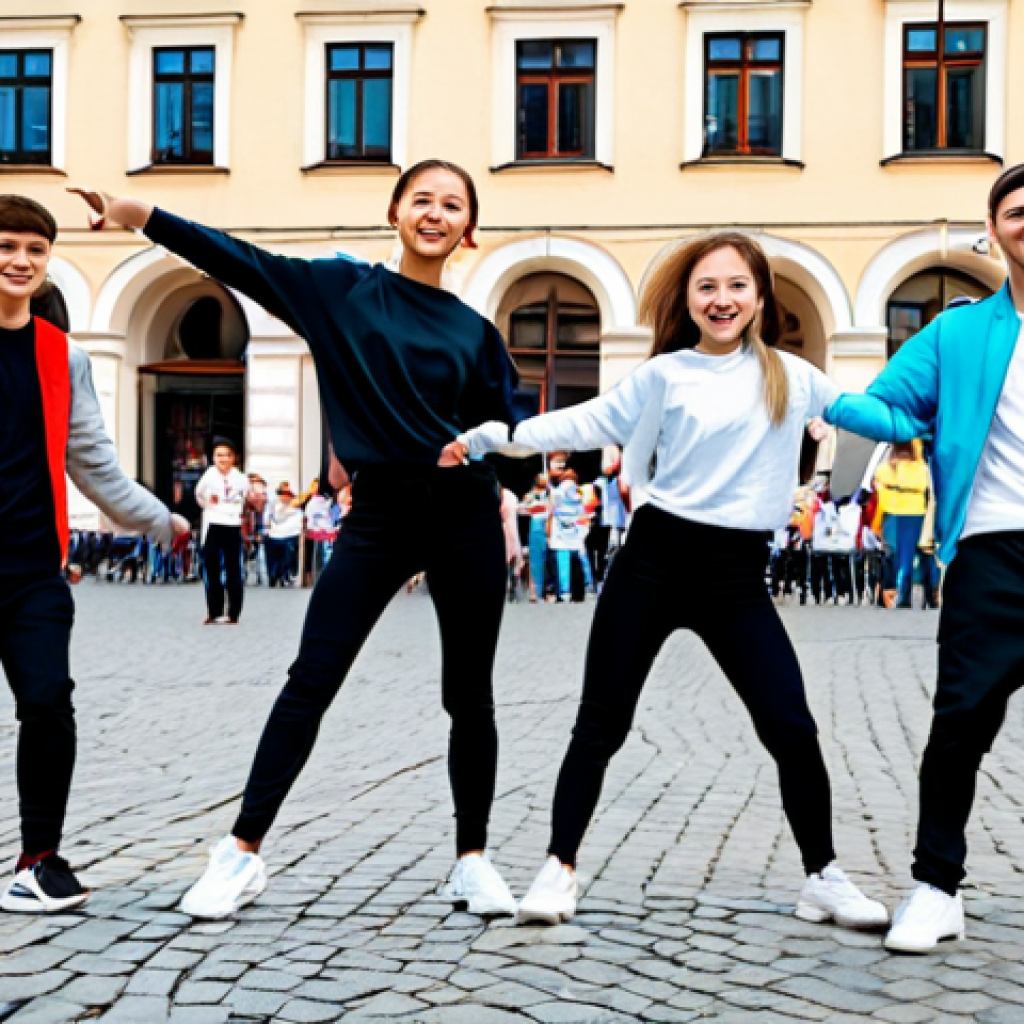 A group of diverse young adults, of Polish ethnicity, performing an energetic K-pop dance routine outdoors. They are all fully clothed in modest, modern casual attire suitable for dancing, such as comfortable athletic wear, sneakers, and t-shirts, with no exposed skin or revealing elements. Appropriate attire. The scene is set in a vibrant, bustling public square in a historical Polish city like Krakow, with old European architecture and cobblestones in the background. The atmosphere is joyful and dynamic, with natural daylight. The subjects have perfect anatomy, correct proportions, well-formed hands, and a proper finger count. Their poses are natural and dynamic, capturing the essence of K-pop choreography. High-quality professional photography, detailed, bright lighting. Safe for work, appropriate content, fully clothed, family-friendly.