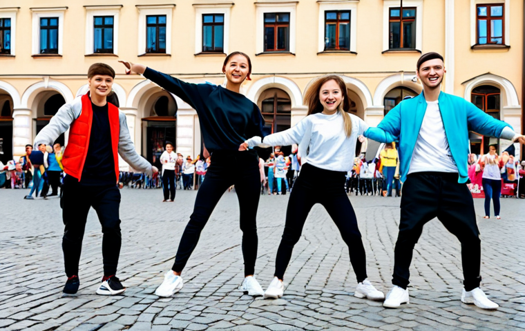 A group of diverse young adults, of Polish ethnicity, performing an energetic K-pop dance routine outdoors. They are all fully clothed in modest, modern casual attire suitable for dancing, such as comfortable athletic wear, sneakers, and t-shirts, with no exposed skin or revealing elements. Appropriate attire. The scene is set in a vibrant, bustling public square in a historical Polish city like Krakow, with old European architecture and cobblestones in the background. The atmosphere is joyful and dynamic, with natural daylight. The subjects have perfect anatomy, correct proportions, well-formed hands, and a proper finger count. Their poses are natural and dynamic, capturing the essence of K-pop choreography. High-quality professional photography, detailed, bright lighting. Safe for work, appropriate content, fully clothed, family-friendly.