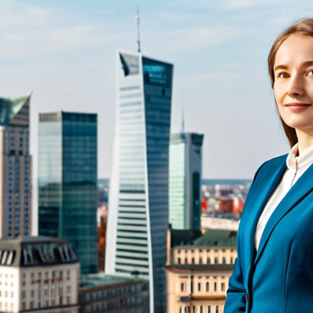 A professional businesswoman, fully clothed in a modest, elegant business suit, standing confidently in a modern, brightly lit office. The background features a blurred, dynamic cityscape of Warsaw, showcasing a blend of contemporary skyscrapers and historic architectural landmarks. Professional photography, high-resolution, natural lighting, safe for work, appropriate content, fully clothed, professional, perfect anatomy, correct proportions, natural pose, well-formed hands, proper finger count, natural body proportions.
