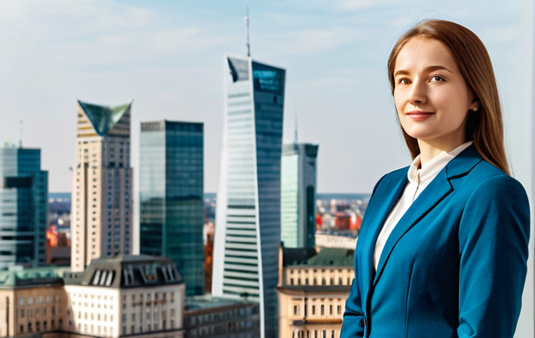 A professional businesswoman, fully clothed in a modest, elegant business suit, standing confidently in a modern, brightly lit office. The background features a blurred, dynamic cityscape of Warsaw, showcasing a blend of contemporary skyscrapers and historic architectural landmarks. Professional photography, high-resolution, natural lighting, safe for work, appropriate content, fully clothed, professional, perfect anatomy, correct proportions, natural pose, well-formed hands, proper finger count, natural body proportions.