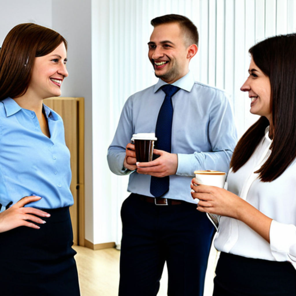 폴란드 직장 문화 - Coffee Break**

"A group of fully clothed professionals in modest office attire gathered around a co...