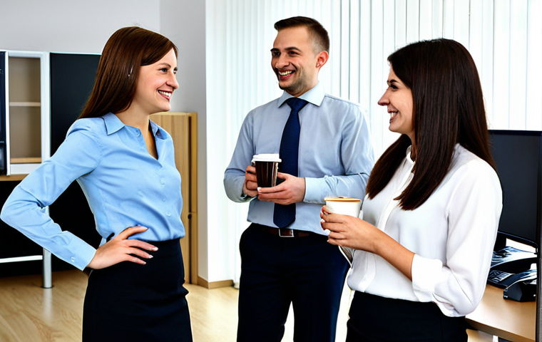 폴란드 직장 문화 - Coffee Break**

"A group of fully clothed professionals in modest office attire gathered around a co...