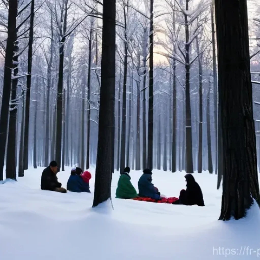 폴란드와 벨라루스 국경 문제 - **Prompt 1: Desperate Resilience in a Winter Forest.**
"A group of diverse migrant families, inc...