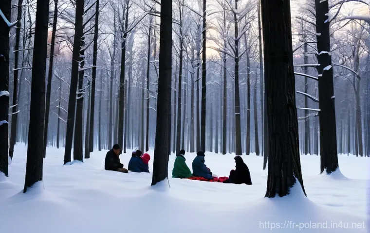 폴란드와 벨라루스 국경 문제 - **Prompt 1: Desperate Resilience in a Winter Forest.**
"A group of diverse migrant families, inc...