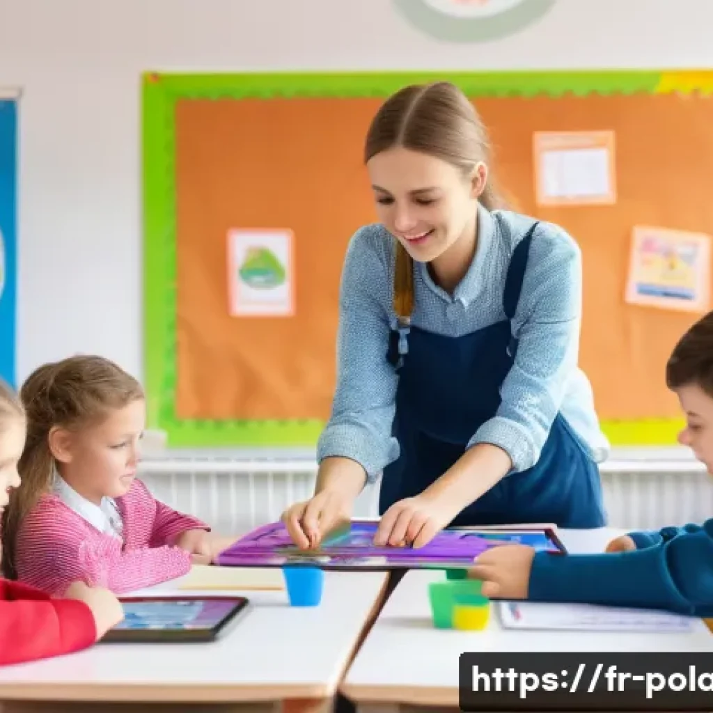 폴란드의 교육 제도 - A bright and modern Polish primary school classroom filled with diverse children aged 6 to 14, engag...