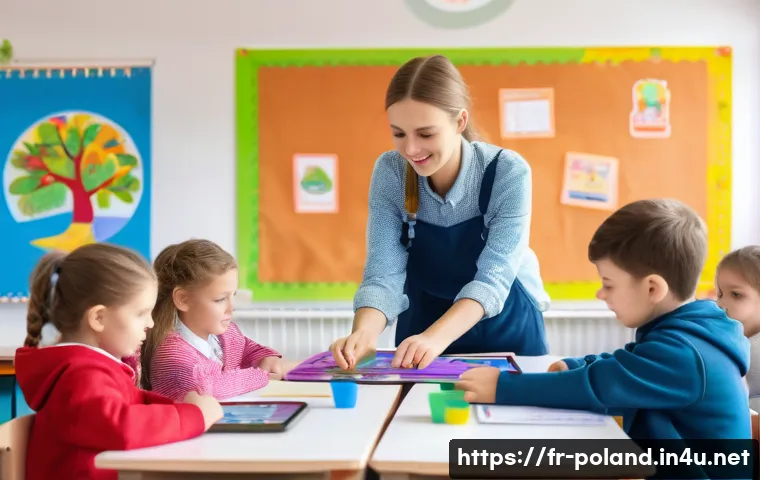 폴란드의 교육 제도 - A bright and modern Polish primary school classroom filled with diverse children aged 6 to 14, engag...