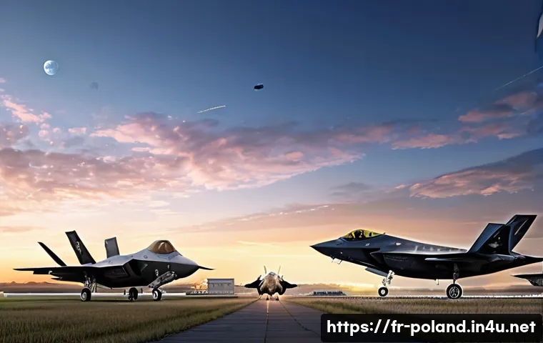 폴란드 국방 정책 - A highly detailed scene depicting a modern Polish military base at dawn, showcasing advanced F-35 fi...