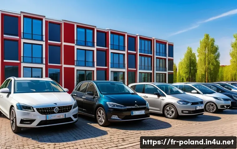 폴란드에서 중고차 구매하기 - A bustling Polish used car market scene in springtime, featuring a variety of well-maintained vehicl...