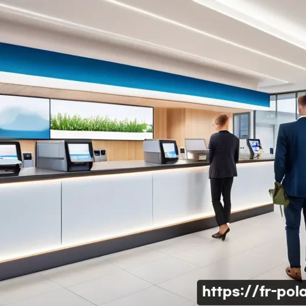 폴란드 은행 계좌 개설 - A modern Polish bank branch interior with friendly staff assisting diverse customers, including an e...