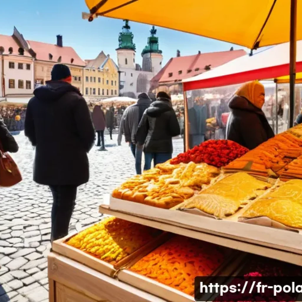 폴란드 전통 시장 소개 - A vibrant Polish market scene in Kraków’s Rynek Główny square during a sunny day, bustling with loca...