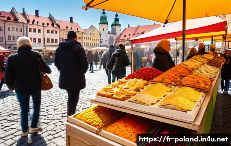 폴란드 전통 시장 소개 - A vibrant Polish market scene in Krak&oacute;w&rsquo;s Rynek Gł&oacute;wny square during a sunny day, bustling with loca...