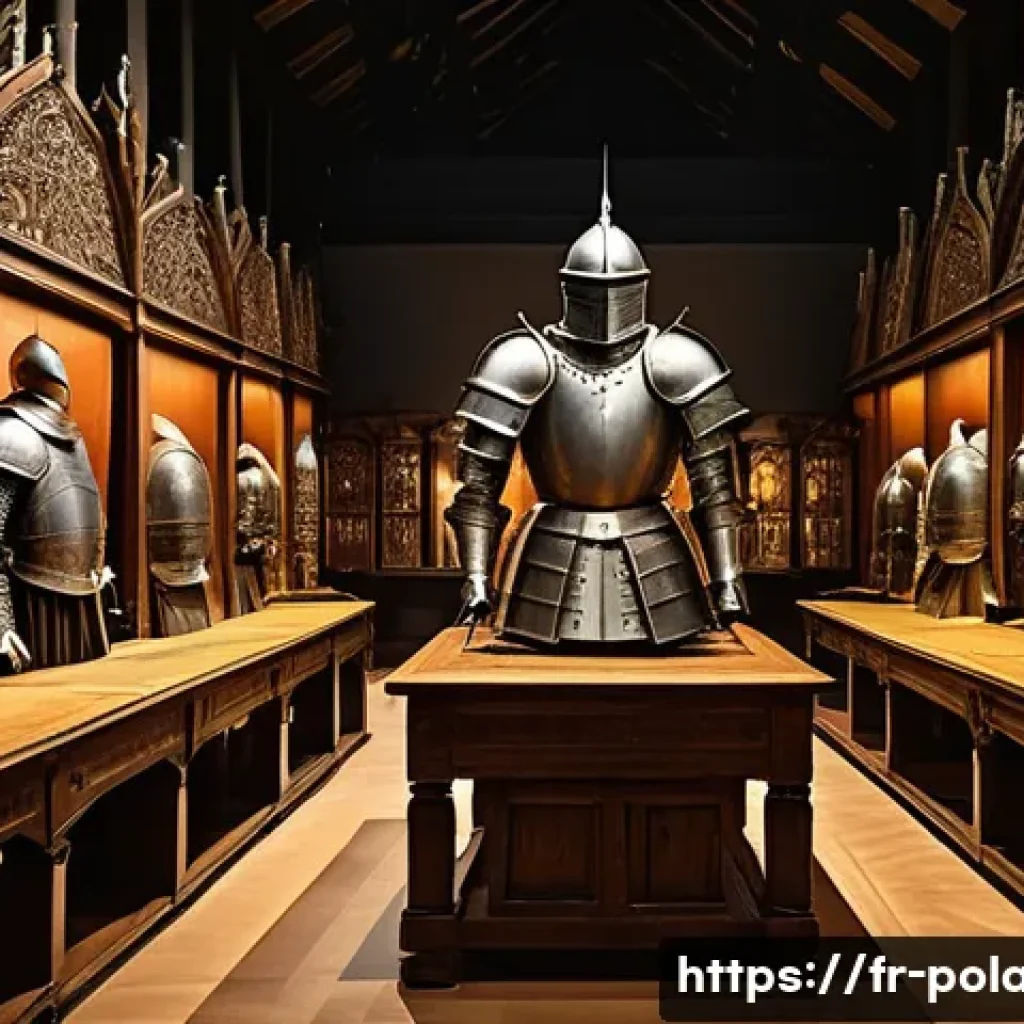 폴란드에서 유명한 박물관 - A richly detailed medieval Polish museum exhibition hall featuring authentic suits of armor displaye...
