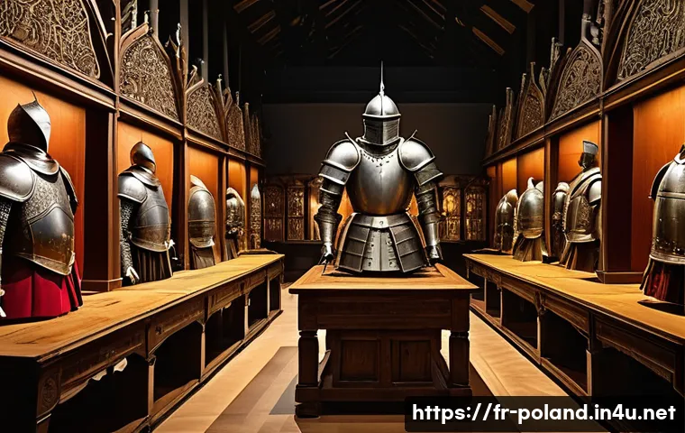 폴란드에서 유명한 박물관 - A richly detailed medieval Polish museum exhibition hall featuring authentic suits of armor displaye...