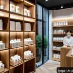 Home 21 폴란드에서 한국 제품 구입처 - A cozy, modern K-beauty boutique interior in downtown Warsaw, showcasing neatly arranged Korean skin...