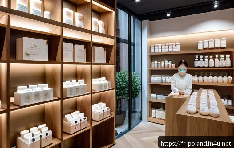 폴란드에서 한국 제품 구입처 - A cozy, modern K-beauty boutique interior in downtown Warsaw, showcasing neatly arranged Korean skin...