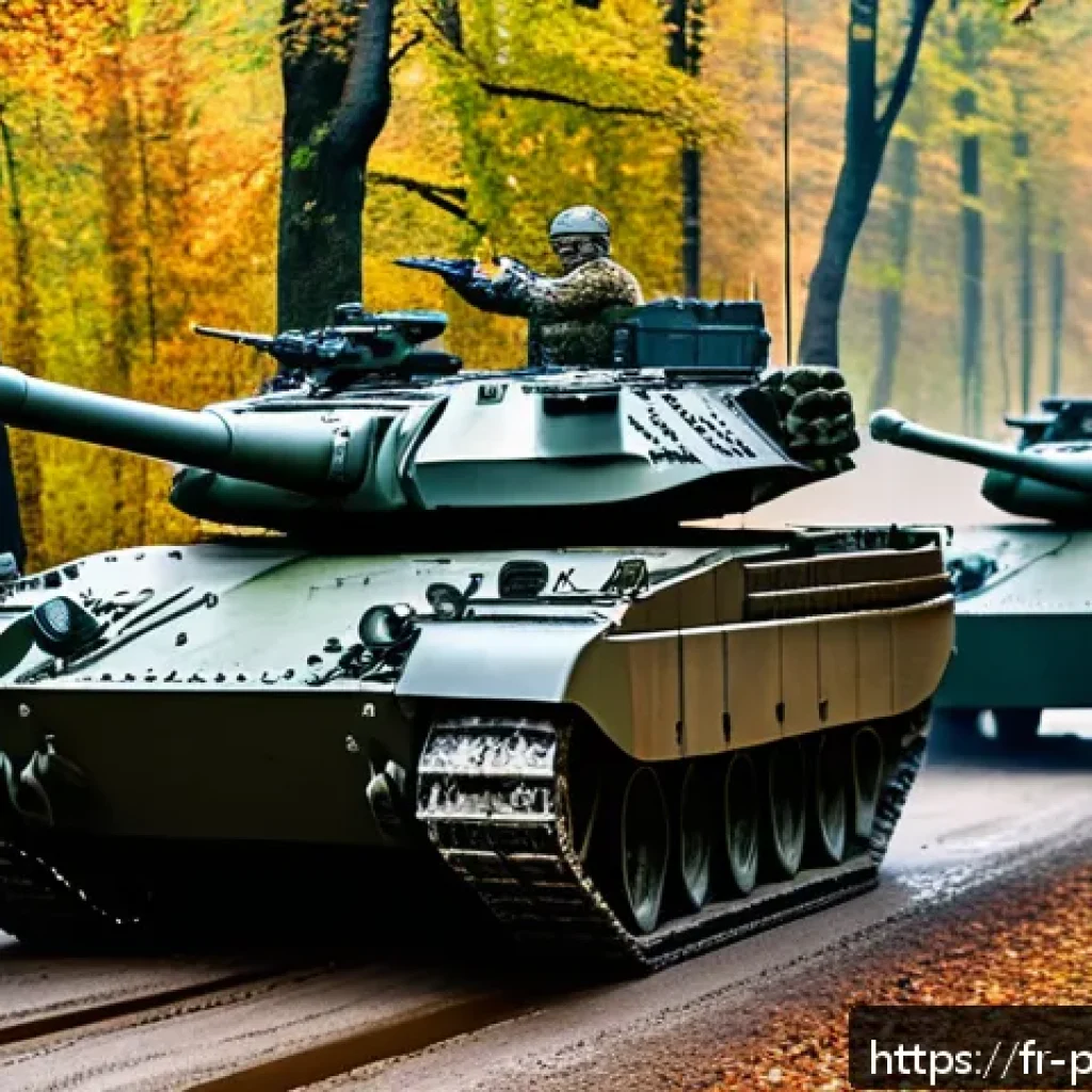 폴란드 군사력 분석 - A detailed scene of a modern Polish military exercise featuring Leopard 2 tanks and PT-91 tanks mane...