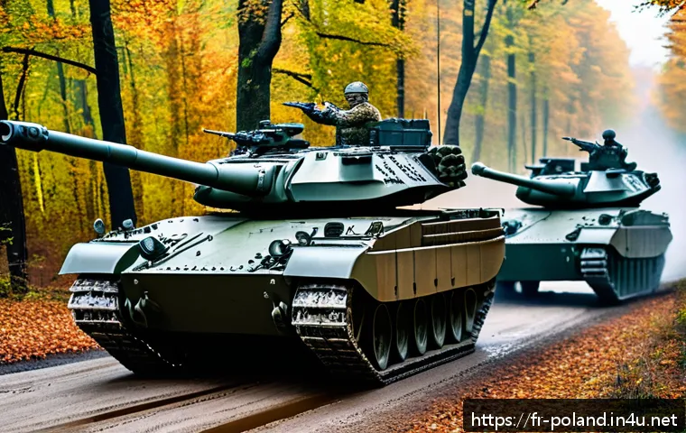 폴란드 군사력 분석 - A detailed scene of a modern Polish military exercise featuring Leopard 2 tanks and PT-91 tanks mane...