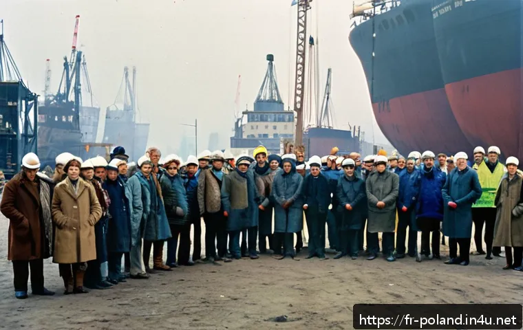 폴란드 민주화 운동 - A detailed scene inside the Gdańsk shipyard in 1980, showing Polish workers wearing period-appropria...