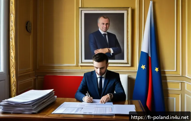 폴란드에서 시민권 받기 - A detailed scene of a French-speaking applicant preparing a citizenship application for Poland at ho...